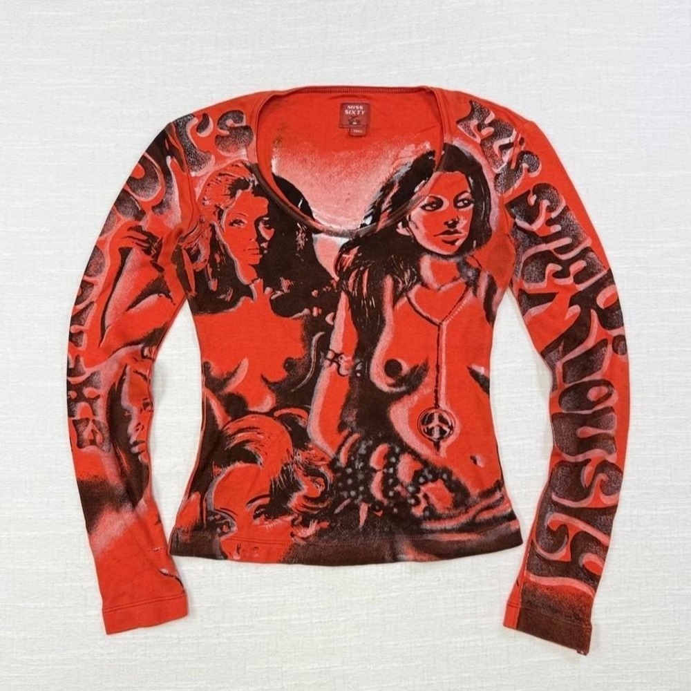 Rare Miss Sixty risqué pinup Graphic Top Y2K Archive Indie Sleaze Womens S red